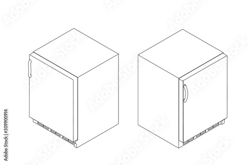Mini freezer. Vector outline illustration. Isometric projection.