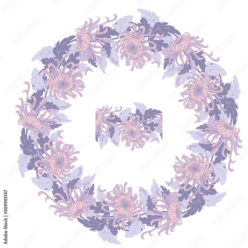 Wreath of pink chrysanthemums and seamless vector brush Wreath of pink chrysanthemums and seamless vector brush