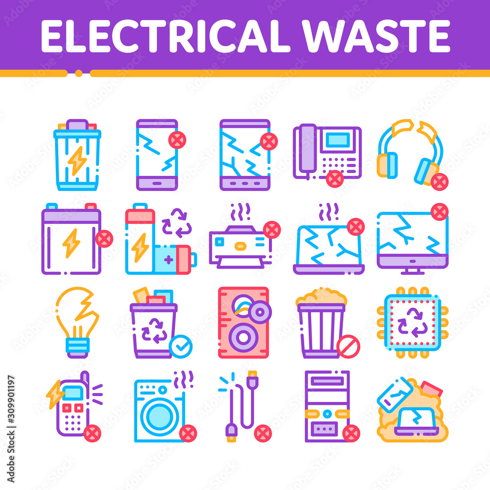 Electrical Waste Tools Collection Icons Set Vector Thin Line. Broken Electrical Cord And Battery, Phone And Earphones, Dynamic And Laptop Concept Linear Pictograms. Color Contour Illustrations Electrical Waste Tools Collection Icons Set Vector Thin Line. Broken Electrical Cord And Battery, Phone And Earphones, Dynamic And Laptop Concept Linear Pictograms. Color Contour Illustrations