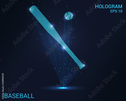 Hologram baseball. A holographic projection of a bat and a ball for baseball. Flickering energy flux of particles. Scientific sports design.