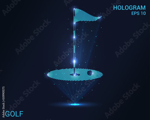 A hologram of Golf. Holographic projection of a Golf hole. Flickering energy flux of particles. Scientific sports design.