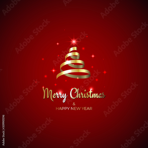 Merry Christmas and happy new year holiday greeting card. Christmas tree shaped gold ribbon, serpentine. Stars, sparkles on red background. Vector xmas party banner. Happy new year holiday design