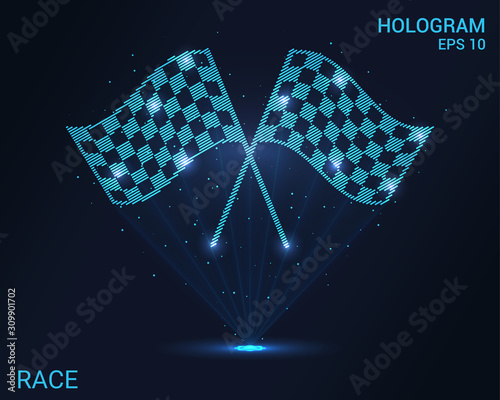A hologram of the race. Holographic projection of racing flags. Flickering energy flux of particles. Scientific sports design.