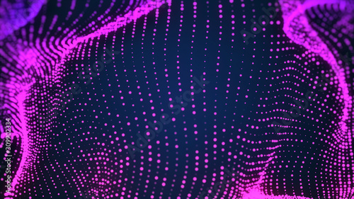 Fototapeta Naklejka Na Ścianę i Meble -  3d rendering, science fiction, glowing particles. Particles form line and surface grid, microcosm or space.
