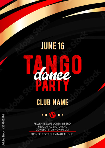 Vertical tango dance party template with black background, color graphic elements and text. 