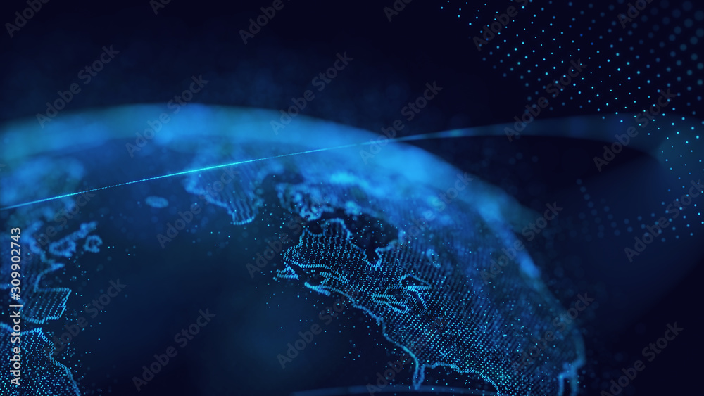 Global communication technology and telecommunication financial network around planet Earth. Blue tone image - obrazy, fototapety, plakaty 