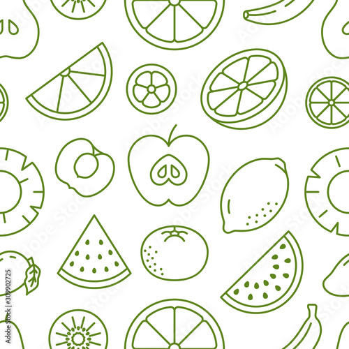 Fruit background, abstract food seamless pattern. Fresh fruits wallpaper with apple, banana, watermelon, lemon line icons. Vegetarian grocery vector illustration, green white color