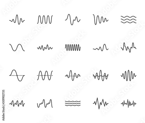 Sound waves flat line icons set. Vibration, soundwave, audio voice signal, abstract waveform frequency vector illustrations. Outline pictogram for music app. Pixel perfect 64x64. Editable Strokes photo