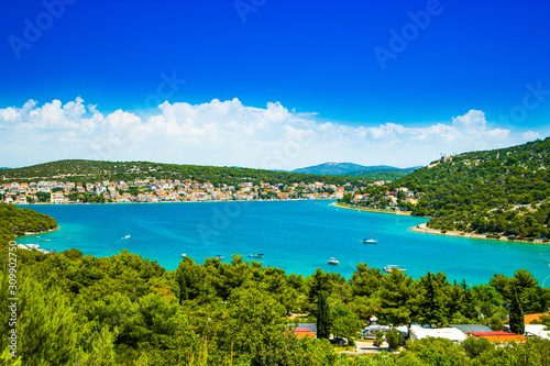 Fototapeta Naklejka Na Ścianę i Meble -  Beautiful Croatian coast, Murter island archipelago and town of Tisno, Dalmatia Croatia