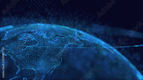 Fototapeta Naklejka Na Ścianę i Meble -  Global communication technology and telecommunication financial network around planet Earth. Blue tone image
