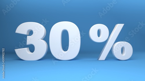 30 Percent, 3D text on light blue background, 3d illustration