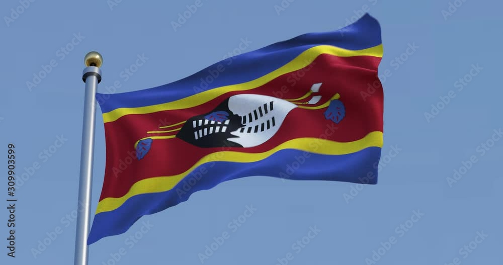 Swaziland flag blowing in the wind with blue sky