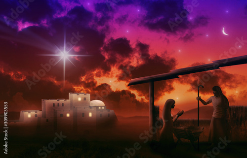 Christmas time. Manger with baby Jesus, Mary, Joseph and star of Bethlehem. Copy space.