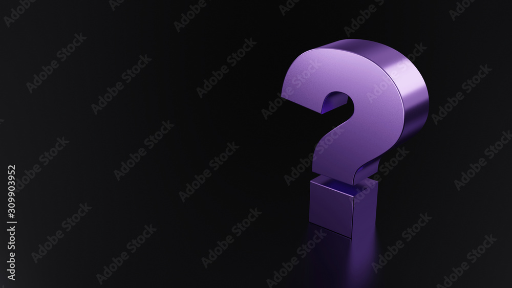 Purple Metallic question mark on black reflective background marks. 3d ...