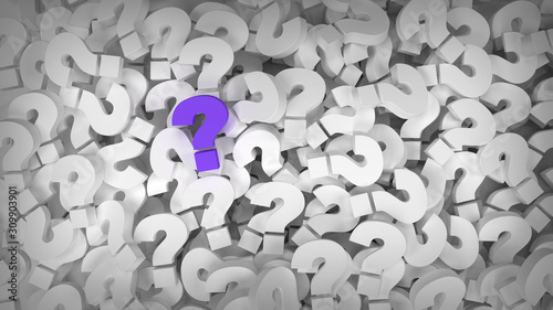 Purple question mark on a background of white question marks. 3d illustration design abstract