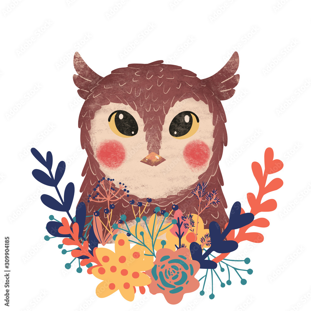 Cute hand drawn owl with floral arrangement. Pretty woodland  animal portrait on white background. Raster illustration.