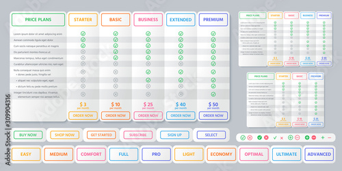 Table chart comparison. Vector. Price plan template. Checklist compare banner. Set pricing grid for purchases, business, web services, applications. Flat line illustration. Colorful outline design.