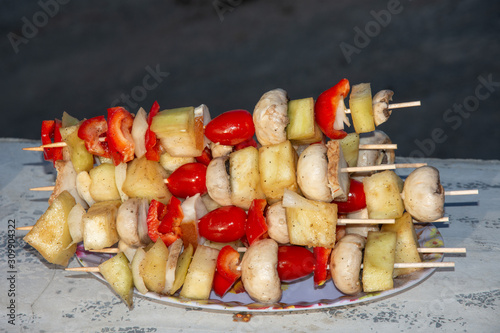 skewers , Frigarui,barbecue, kebab, meat,Marinated Grilled Vegetables photo