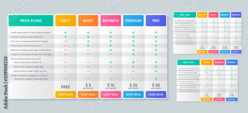 Table price comparison. Vector. Chart plan template. Set pricing grid for purchases, business, web services, applications. Checklist compare tariff banner. Color illustration. Flat simple design.
