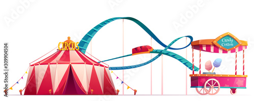 Carnival funfair with circus tent, roller coaster and candy cotton cart. Vector cartoon illustration of summer amusement park isolated on white background