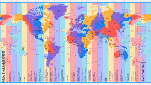 High detail world map of time zones, with big cities of the world, color vector illustration