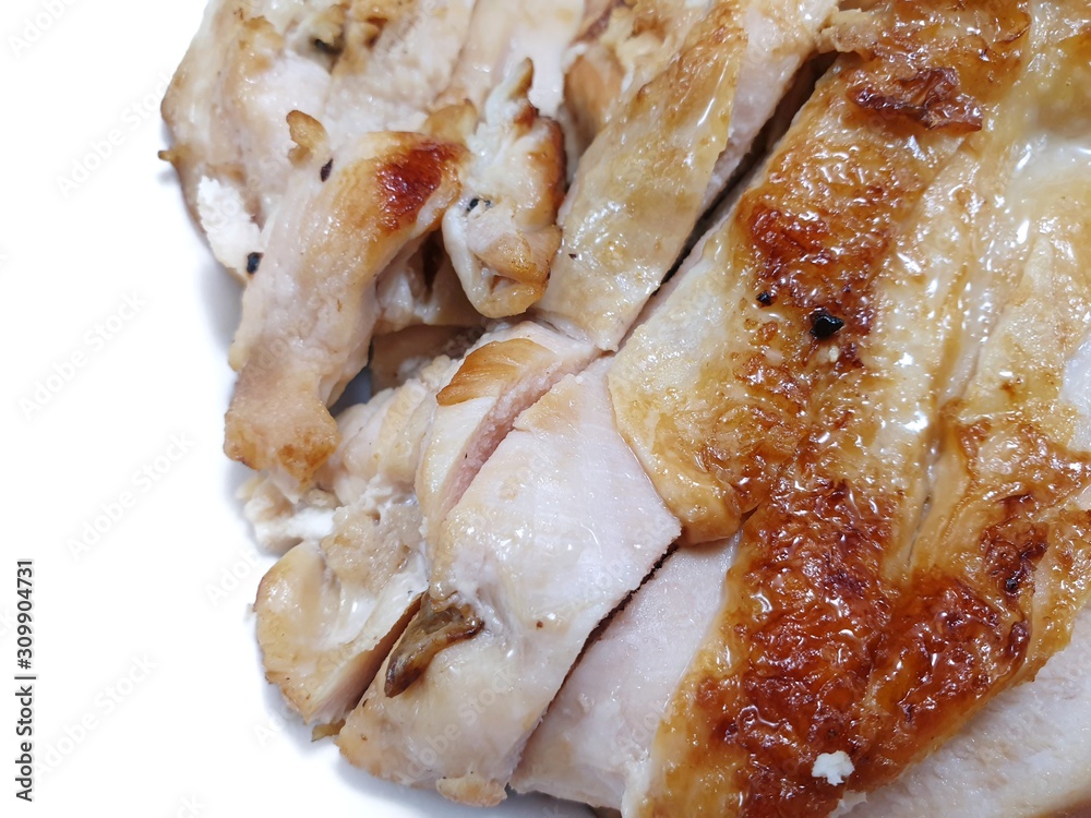 Selective focus of grilled chicken isolated on white background, Ready to eat or serve