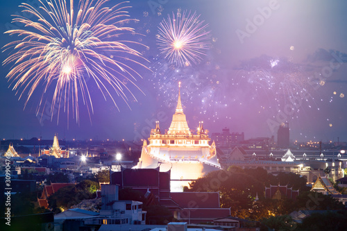 Bangkok skyline with fireworks. New Year and holiday concept.