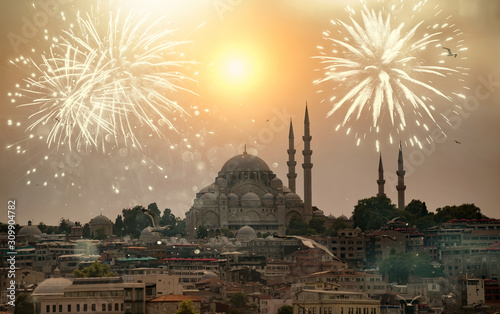 Canvas Print Istanbul the capital of Turkey with fireworks.