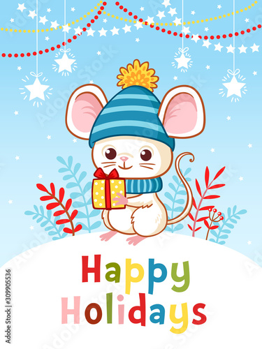 Little mouse is standing on a hill holding a New Year's gift. Vector Christmas card.