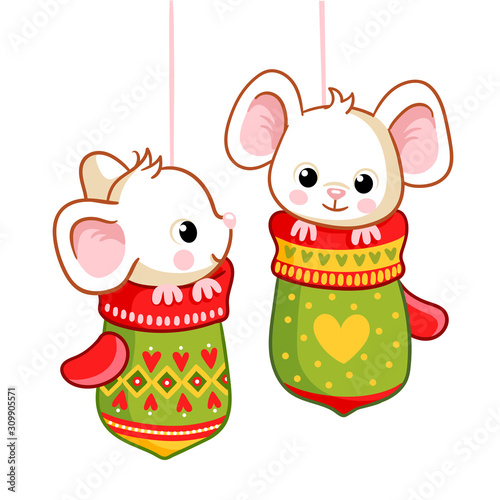 Little mice sitting in the Christmas mittens on a white background.
