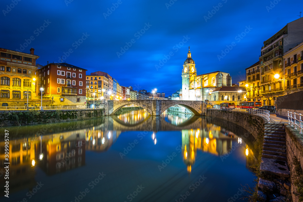 views of bilbao old town at night, Spain