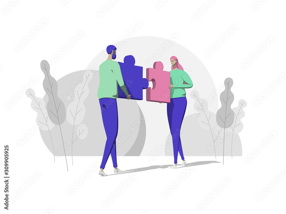 Man and Woman Set Up Huge Separate Puzzle Pieces. Business People Teamwork Cooperation, Creative Collective Work Web Page Banner. Cartoon Flat Vector Illustration