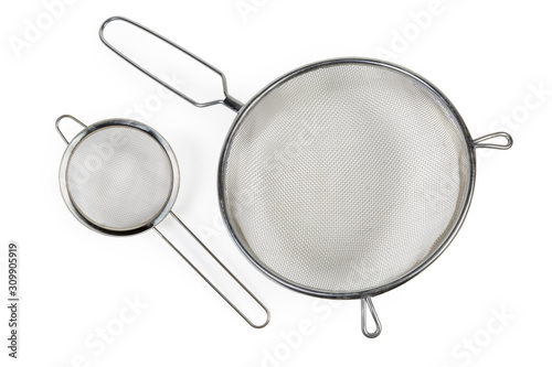 Top view of two round stainless steel sieve different sizes
