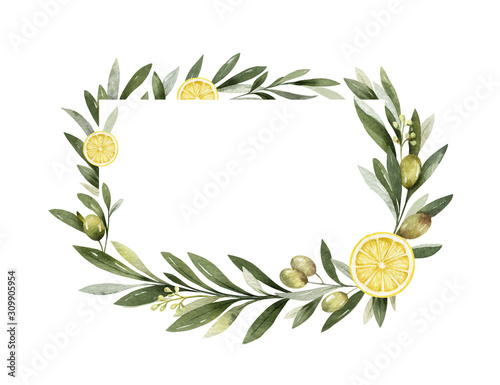 Watercolor vector frame of olive branches and lemon.