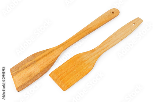 Two different wooden kitchen spatulas on a white background