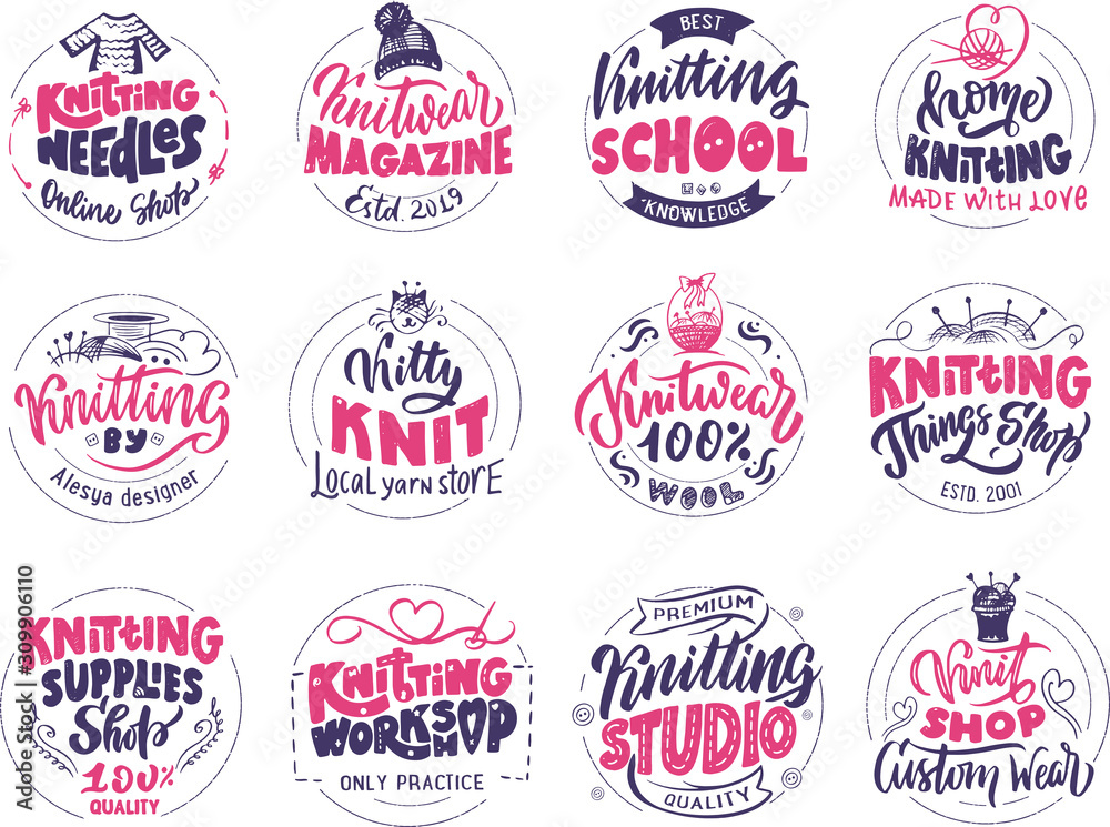 Knitting studio, handmade logo, phrases, stamp. Vector illustration.