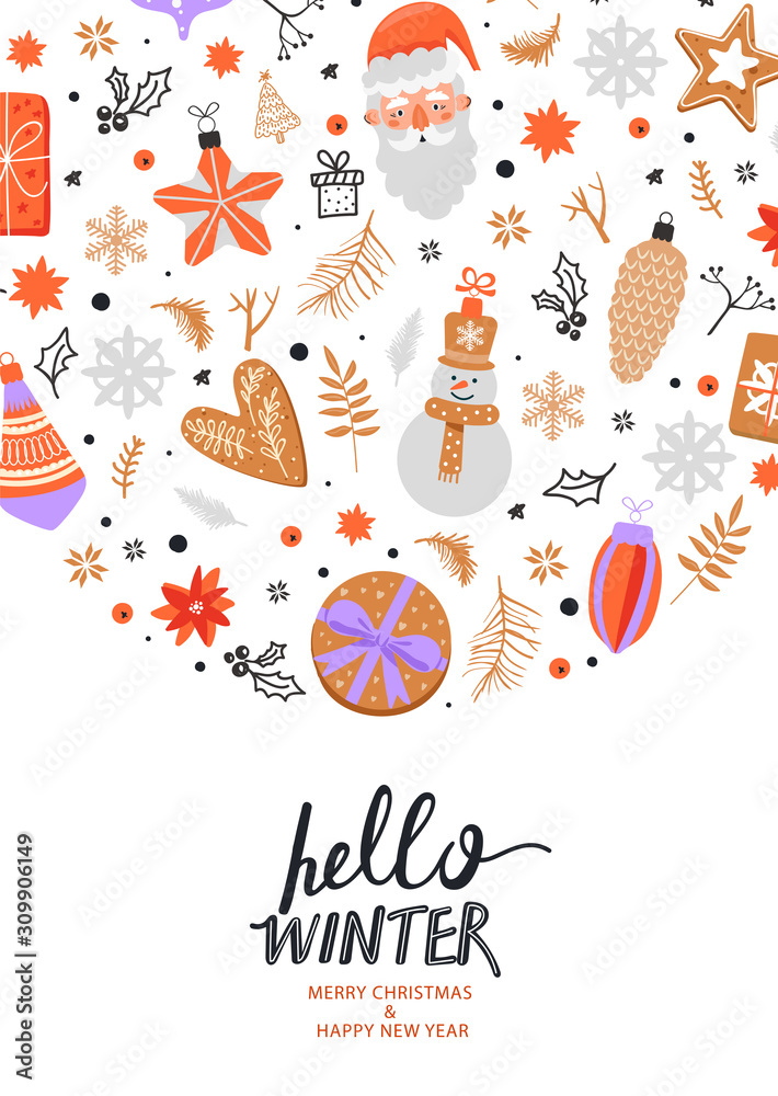 Happy New Year greeting composition. Tree toy, Santa, candy, fir-tree branch, ginger cookie, snowflake, gift, flower and stylish lettering. Design for postcard, invitation, poster etc. Vector.
