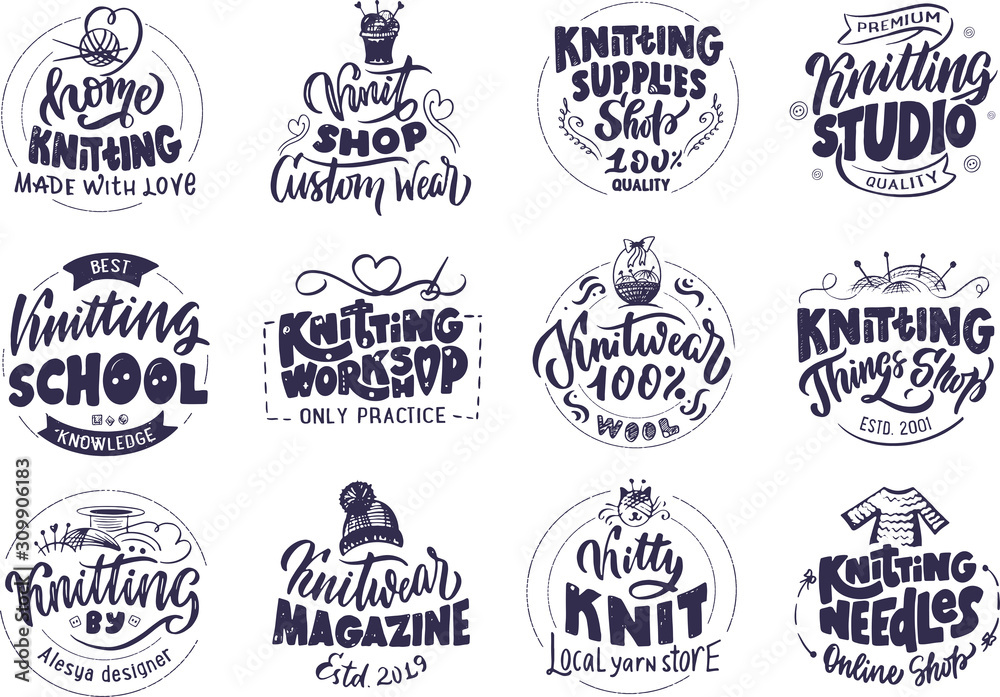 Knitting studio, handmade logo, phrases, stamp. Vector illustration black set.