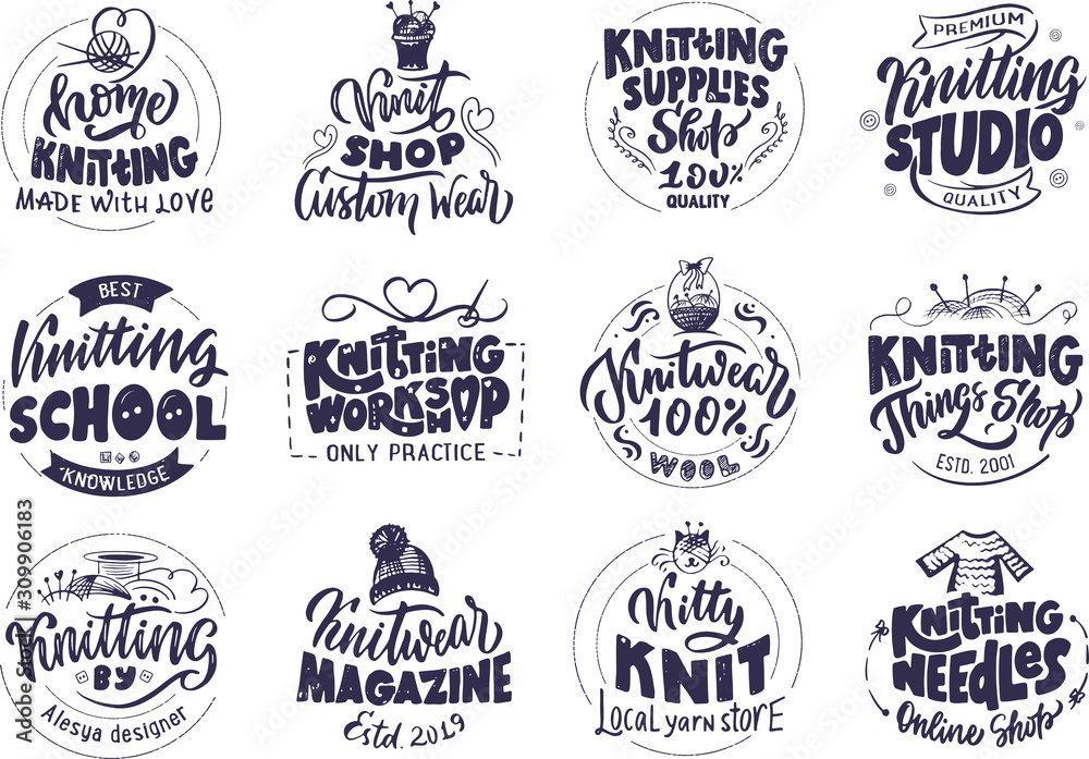 Fototapeta premium Knitting studio, handmade logo, phrases, stamp. Vector illustration black set.