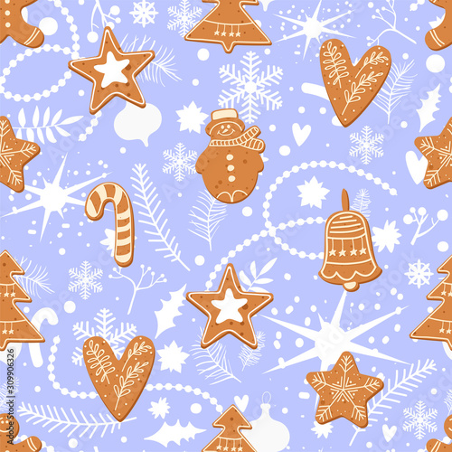 Merry Christmas and background. Seamless pattern with snowflake, fir-tree branch, ginger cookie, star, floral element and other decorations. Texture for textile, wrapping paper, packaging etc. Vector.