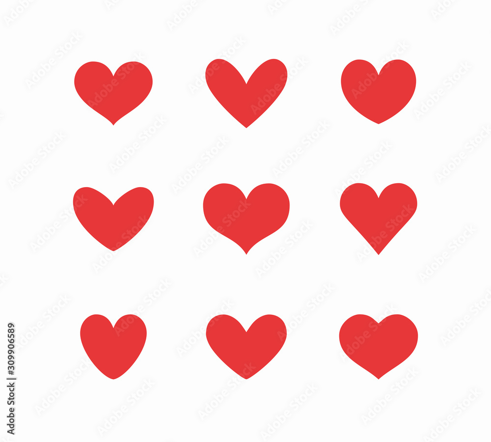 Heart icon set isolated on white background. Vector graphic love symbols. Valentine's Day signs, red emblems or like buttons in flat style..