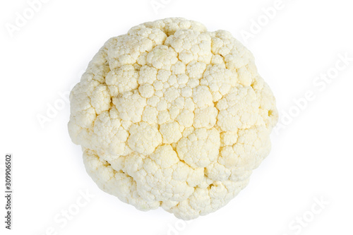Top side of raw cauliflower on white background, top view