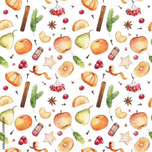 Watercolor Christmas mulled wine seamless pattern. Merry Christmas and Happy New Year holiday illustration.
