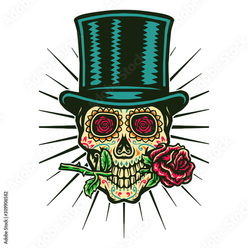 Vector illustration of sugar skull wears a top hat and bites the rose