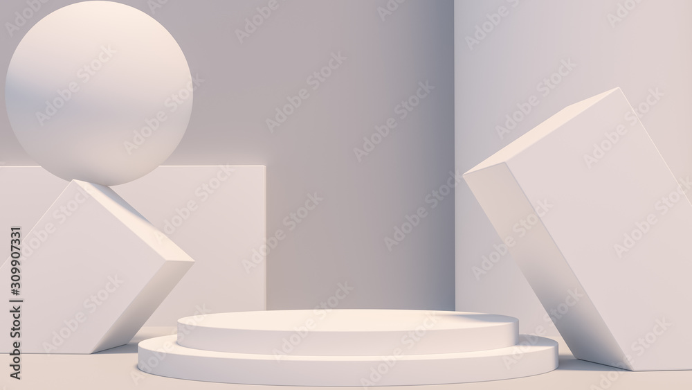 Fototapeta Product setting podium white abstract minimalistic geometry, minimal light interior, object placement, abstract gray background room, 3d rendering,