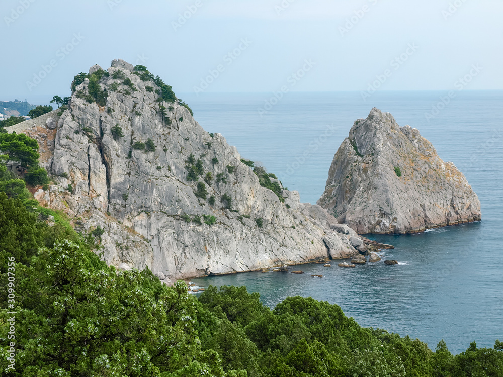 Steep rocks on the sea coast with junipers on foreground Steep rocks on the sea coast with junipers on foreground