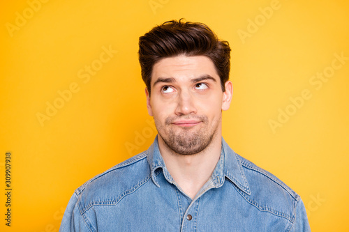 Close up photo of man bothered with listening to advice of his friends rolling his eyes isolated vibrant color background
