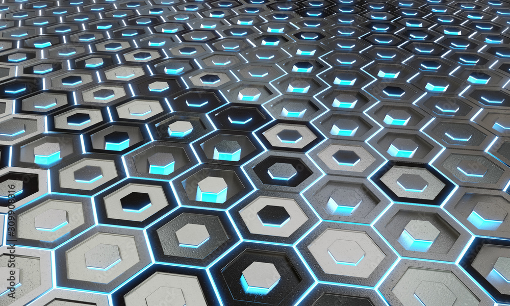 Naklejka premium Glowing black and blue hexagons background pattern on silver metal surface 3D rendering