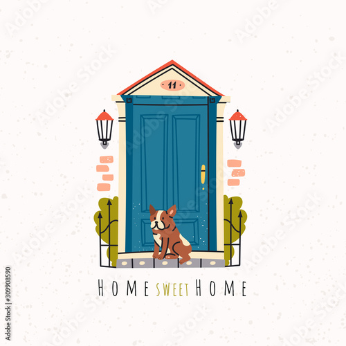 Home sweet home. Beautiful blue retro vintage Front Door. Sitting dog. Lamp on a brick wall. House Exterior. Home Entrance. Hand drawn colored vector illustration. Stamp texture