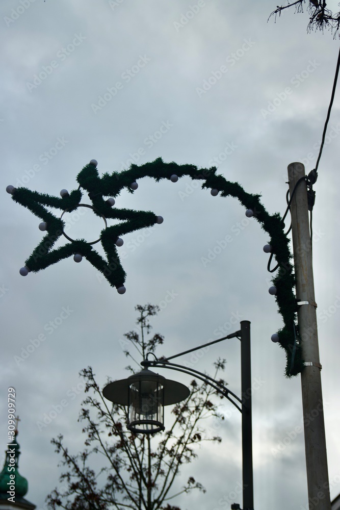 Comet-shaped street decor in town before Christmas